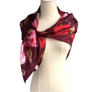 Vtg Italian Scarf Square Floral Burgundy Pink Polyester Rose Hand Rolled Hem